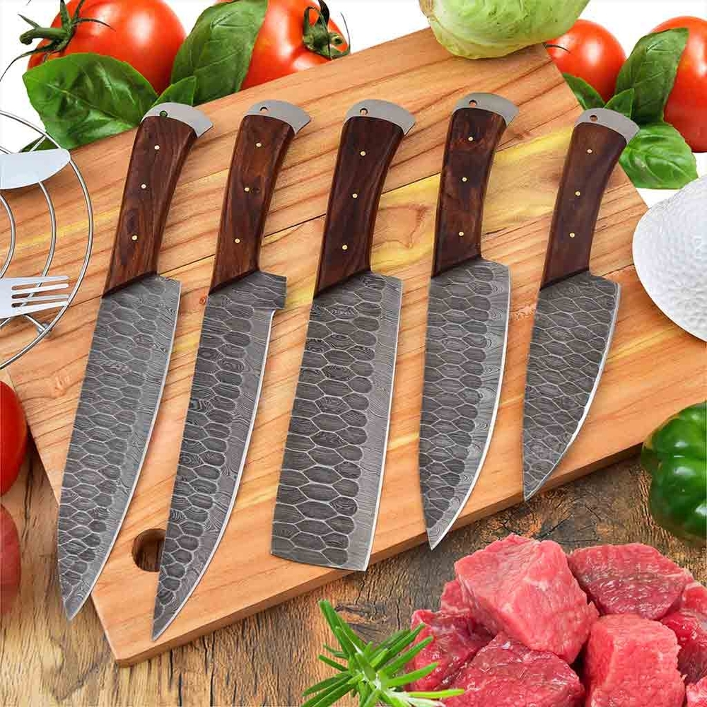 Damascus Steel  Kitchen Knives Set  Handmade knife with Rose Wood Handle NEW